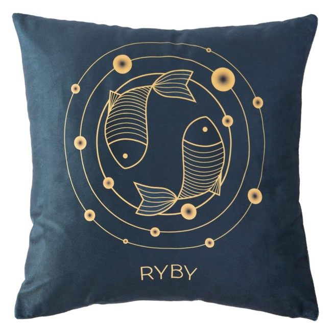  Elegancka, nowoczesna poszewka dekoracyjna 40x40 cm znak zodiaku ryby niebieska i złota 