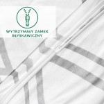 Pościel bawełniana 160x200 w szaro-białą kratkę, rozłożona z widocznym wytrzymałym zamkiem błyskawicznym. Delikatna dzianina jersey, z geometrycznym wzorem. Ujęcie z bliska, podkreślające szczegóły faktury i zamka.