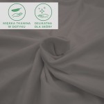 Prześcieradło jersey z elastanem w kolorze antracyt, wykonane z miękkiego materiału. Widać jego gładką teksturę, rozłożone na płaszczyźnie, z widocznymi symbolami informującymi o delikatności tkaniny dla skóry.
