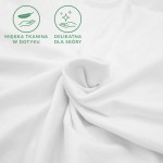 Prześcieradło jersey z elastanem, kolor biały, o gładkiej fakturze, z widocznymi symbolami, wskazującymi na miękkość tkaniny i delikatność dla skóry. Ułożone w sposób luźny, na jednolitym tle, ukazuje zalety materiału.