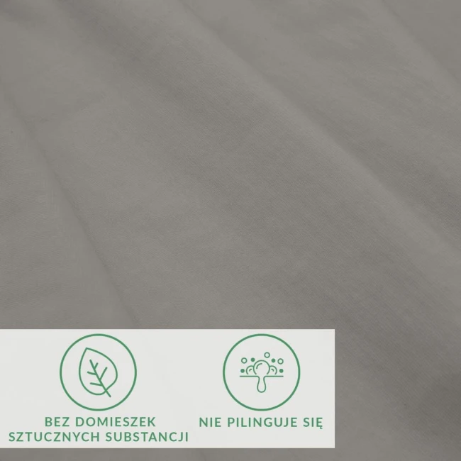 Prześcieradło jersey z elastanem 90x200 w kolorze popiel. Złożone w kształcie prostokąta, widoczne detale to delikatna faktura materiału oraz oznaczenia na białym tle dotyczące braku sztucznych substancji i odporności na piling.