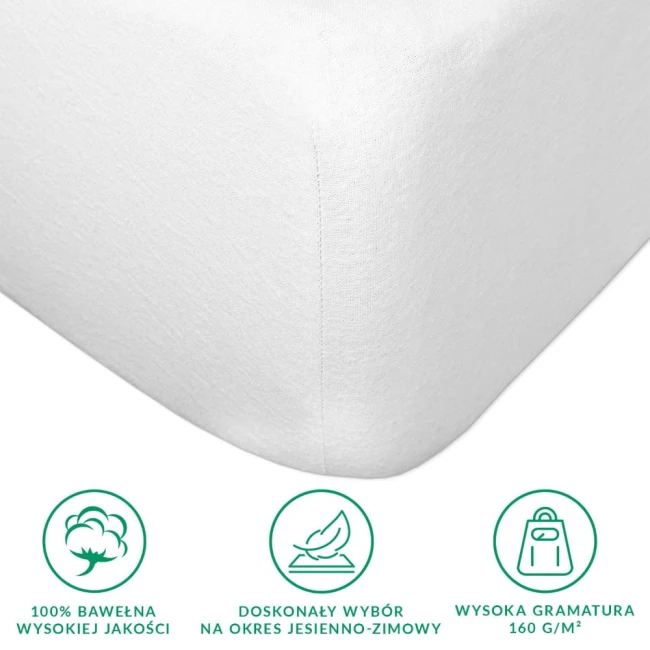 Białe flanelowe prześcieradło z gumką 90x200 cm, wykonane z 100% bawełny o gramaturze 160 g/m², ukazane z boku, leżące, z widocznymi krawędziami i teksturą materiału. Nieprzezroczyste, gładkie. Na tle białym, z czytelnymi informacjami o jakości.