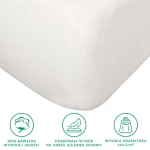 Prześcieradło flanelowe z gumką w kolorze kremowym, 90x200 cm. Produkt leży na białym tle, z widocznym detalem gumki oraz teksturowanej tkaniny. Widać ścięcia rogów, wyraźny, materiałowy splot. Przydatne na sezon jesienno-zimowy, gramatura 160 g/m².