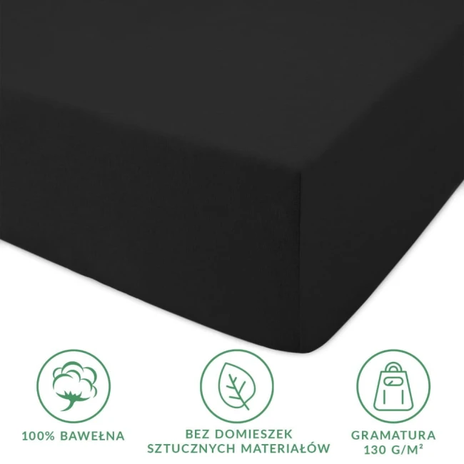 Prześcieradło jersey z gumką 120x200 w kolorze czarnym, wykonane w 100% z bawełny. Widoczna gumka zabezpiecza prześcieradło na materacu.