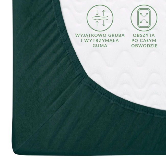 Prześcieradło jersey z gumką w kolorze zieleni butelkowej, rozmiar 90x200. Zbliżenie na róg produktu, ukazujące elastyczną, grubą gumę obwodową. Na białym tle widoczne napisy informacyjne o materiale i funkcjonalności.