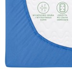 Prześcieradło jersey z gumką w kolorze chabrowym, w ujęciu z góry, z widoczną gumką wokół. Na zdjęciu widoczne są oznaczenia dotyczące grubości i wytrzymałości gumy. Tło proste, kolor jednorodny. Rozmiar 140x200.