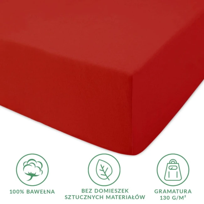 Prześcieradło jersey z gumką 120x200 w kolorze intensywnej czerwieni, wykonane z 100% bawełny, leżące na jednolitym tle. Widoczne logo i informacje o gramaturze 130 g/m² oraz składzie materiału. Produkt bez domieszek sztucznych materiałów.