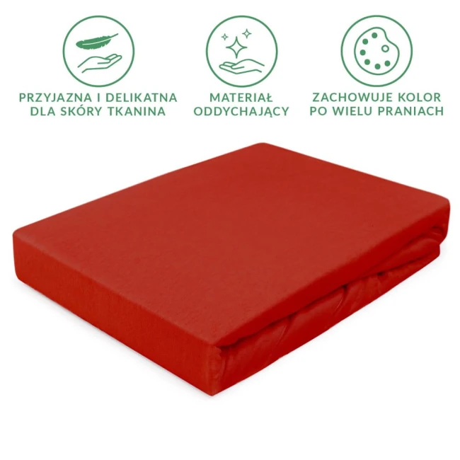 Prześcieradło jersey z gumką w kolorze czerwonym, o wymiarach 200x220 cm, leżące na białym tle. Zawiera delikatną, oddychającą tkankę i gumkę zapewniającą dobre przyleganie do materaca. Widoczne są jedynie gładkie powierzchnie, bez dodatkowych dekoracji.