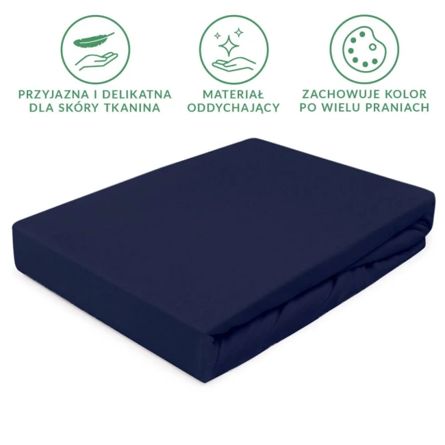 Prześcieradło jersey z gumką w kolorze ciemnego granatu, rozmiar 160x200, leżące na jednolitym tle. Widać gładką, elastyczną tkaninę, idealnie dopasowaną do materaca. Widoczne są detale zakładki, podkreślające wysoką jakość wykonania.