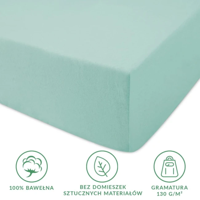 Prześcieradło jersey z gumką w kolorze jasnego turkusu, leżące na równym tle. Wykonane z 100% bawełny, widoczna faktura materiału. Wymiary: 200x220 cm. Zdobienia na dole: symbole bawełny, ekologicznego składu i gramatury.