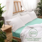 Prześcieradło jersey z gumką w jasnym turkusie, rozłożone na łóżku z bed linen. Widoczna tekstura materiału, dopasowane do materaca. W tle białe poduszki na drewnianym wezgłowiu oraz drewniany stolik z rośliną. Na materiale umieszczono czytelne logo.
