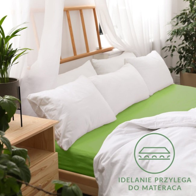 Prześcieradło jersey z gumką 160x200 w kolorze Kaktus, leżące na materacu. Tło w naturalnym wystroju sypialni z poduszkami w białych poszewkach i roślina w doniczce. Widoczne logo i napis Idealnie przylega do materaca.