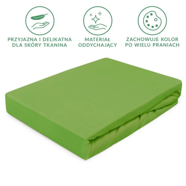 Prześcieradło jersey z gumką 90x200 w kolorze kaktusowym, leżące na białym tle. Materiał gładki i elastyczny, dobrze dopasowujący się do materaca. Widoczna gumka zapewniająca stabilne trzymanie. Idealne do łóżek o wymiarze 90x200.