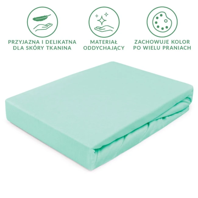 Prześcieradło jersey z gumką w kolorze morskim, rozmiar 90x200 cm, leżące na białym tle. Wykonane z oddychającej tkaniny, przyjaznej dla skóry. Zawiera widoczne detale, takie jak gumka, która zapewnia stabilne dopasowanie do materaca.