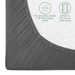 Prześcieradło jersey z gumką w rozmiarze 180x200, w kolorze szarym. Zbliżenie na róg prześcieradła, ukazująca elastyczną, grubą gumę na obwodzie oraz fakturę materiału, gładką i matową, bez dodatkowych wzorów czy napisów.