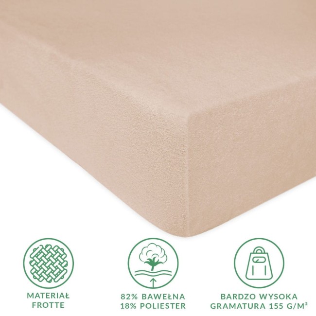 Prześcieradło frotte z gumką w kolorze beżowym o wymiarach 90x200, leżące na płaskiej powierzchni. Widoczna faktura materiału, który składa się w 82% z bawełny i 18% z poliestru. Wysoka gramatura 155 g/m² zapewnia trwałość i komfort.