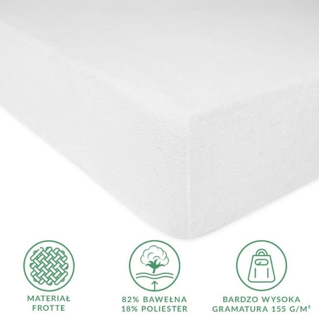 Prześcieradło frotte z gumką w kolorze białym, o wymiarach 90x200 cm, wykonane z materiału o wysokiej gramaturze 155 g/m². Ujęcie z boku, ukazuje fakturę dzianiny oraz krawędzie z gumką, zapewniającą idealne dopasowanie.