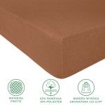 Prześcieradło frotte z gumką w kolorze czekolady, o wymiarach 90x200 cm, leżące na gładkiej powierzchni. Materiał złożony w proporcjach 82% bawełny i 18% poliestru, z teksturą frotte. Widoczne informacje o gramaturze 155 g/m² oraz skład materiału.