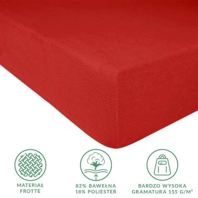 Prześcieradło frotte z gumką 90x200 w intensywnym czerwonym kolorze, leżące na białym tle, z wyraźną teksturą. Widoczne napisy informujące o składzie: 82% bawełna, 18% poliester oraz o wysokiej gramaturze 155 g/m².