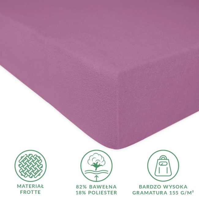 Prześcieradło frotte z gumką 90x200 w kolorze jasnego fioletu. Materiał 82% bawełna, 18% poliester, gramatura 155 g/m². Ujęcie z boku, pokazujące teksturę i krawędź prześcieradła.