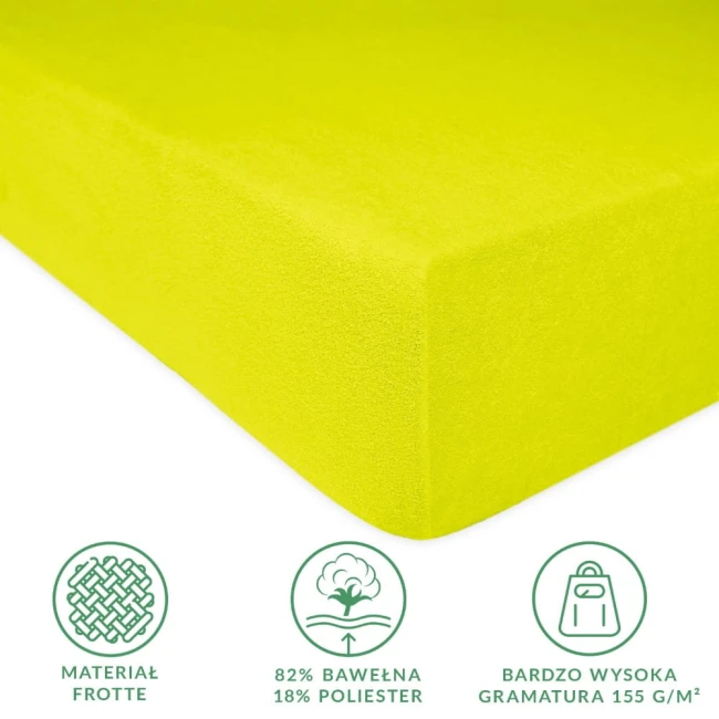 Prześcieradło frotte z gumką 90x200 w kolorze limonka, leżące na białym tle. Tekstura materiału jest miękka i przyjemna w dotyku. Widoczne informacje o składzie: 82% bawełna, 18% poliester oraz gramaturze 155 g/m².
