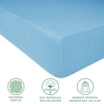 Prześcieradło frotte 90x200 w kolorze błękitnym, wykonane z materiału 82% bawełny i 18% poliestru. Produkt leży na boku, eksponując jego teksturowaną powierzchnię i kąt prosty. Widoczne ikony informacyjne na dole.