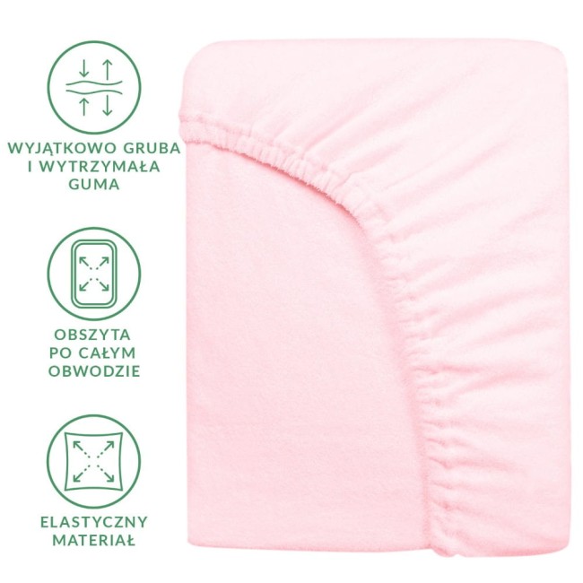 Prześcieradło frotte z gumką 90x200 w kolorze róż kwarcowy, prezentowane z boku. Wyróżnia się elastycznym materiałem i grubym wykończeniem gumy, obszytą po całym obwodzie, zapewniającym doskonałe dopasowanie.