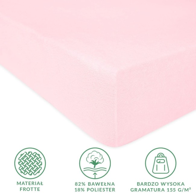 Prześcieradło frotte z gumką w kolorze róż kwarcowy, w rozmiarze 90x200 cm, przedstawione w ujęciu z boku. Widać gładką, matową powierzchnię tkaniny o wysokiej gramaturze 155 g/m². Widoczne oznaczenia materiału: 82% bawełna, 18% poliester.