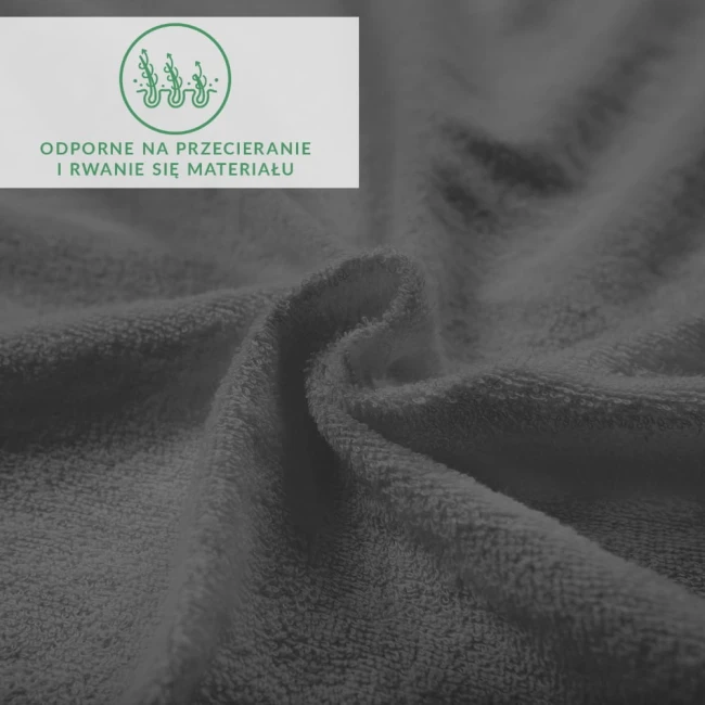 Prześcieradło frotte o wymiarach 120x200 w kolorze antracytowym, z widoczną teksturą materiału. Zdjęcie zbliżone, ukazujące miękką powierzchnię oraz szczegóły splotu, z informacją o trwałości materiału w rogu.