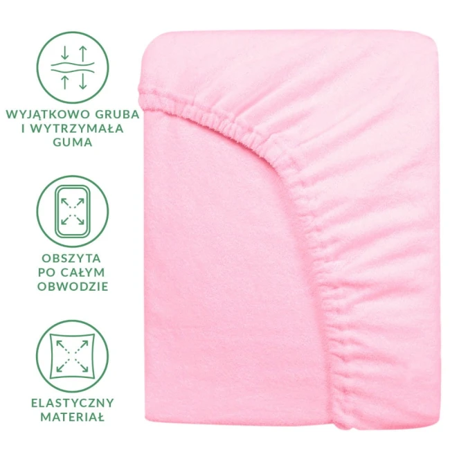 Prześcieradło frotte z gumką 120x200 w jasnoróżowym kolorze, leżące na białym tle. Widoczna gruba, elastyczna guma obszyta po całym obwodzie. Materiał teksturowany, miękki w dotyku, idealny do łóżka.
