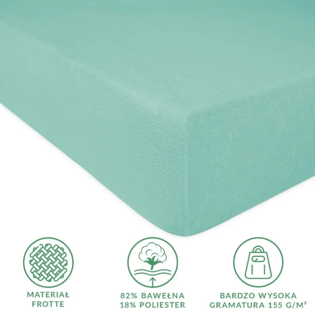 Prześcieradło frotte z gumką 120x200 w jasnym turkusie, widoczne z boku. Materiał z teksturą, elastyczne. Informacje o składzie (82% bawełna, 18% poliester) oraz gramaturze (155 g/m²) w grafice na dole. Proste, jednolite tło.