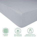Prześcieradło frotte z gumką 120x200 w kolorze popielatym, leżące na jednolitym tle. Wyróżnia się miękką, teksturowaną powierzchnią. Widoczne są informacje o składzie: 82% bawełna, 18% poliester oraz bardzo wysoka gramatura 155 g/m².