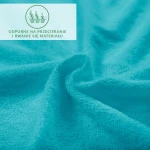 Prześcieradło frotte 120x200 w kolorze turkusowym. Zbliżenie na miękką, teksturowaną powierzchnię materiału, ukazującą jego odporność na przecieranie. Tło w odcieniu turkusu, bez zbędnych elementów, co podkreśla kolor i jakość tkaniny.