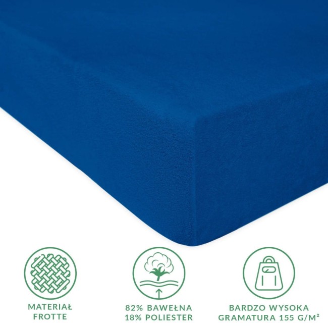 Prześcieradło frotte z gumką w kolorze chabrowym o wymiarach 140x200 cm, wykonane z materiału 82% bawełna i 18% poliester, leży na jednolitym tle. Produkt pokazany z boku, podkreślający gumkę i jedwabistą fakturę materiału.