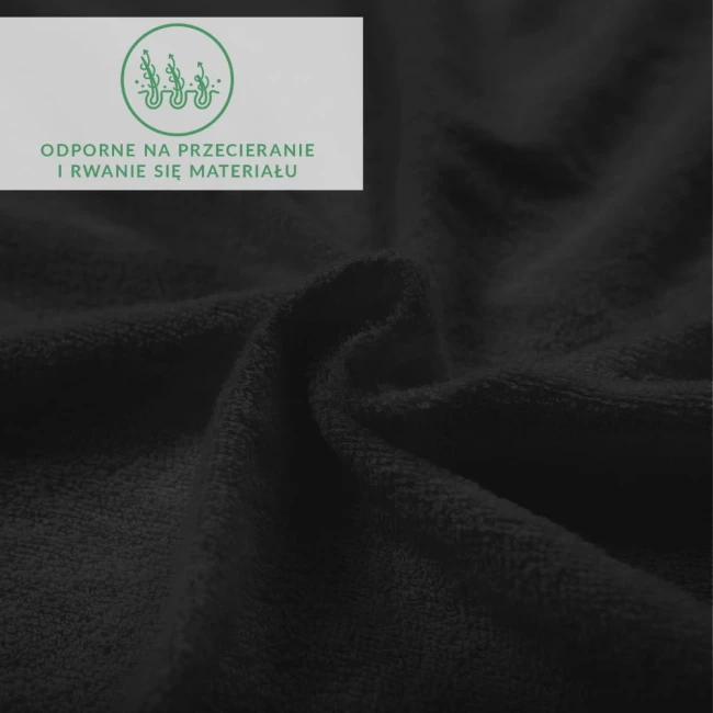 Prześcieradło frotte z gumką w kolorze czarnym, wykonane z przyjemnego w dotyku materiału. Widoczne zagięcia i tekstura tkaniny. Na górnej części zdjęcia umieszczony napis ODPORNE NA PRZECIERANIE I RWANIE SIĘ MATERIAŁU.