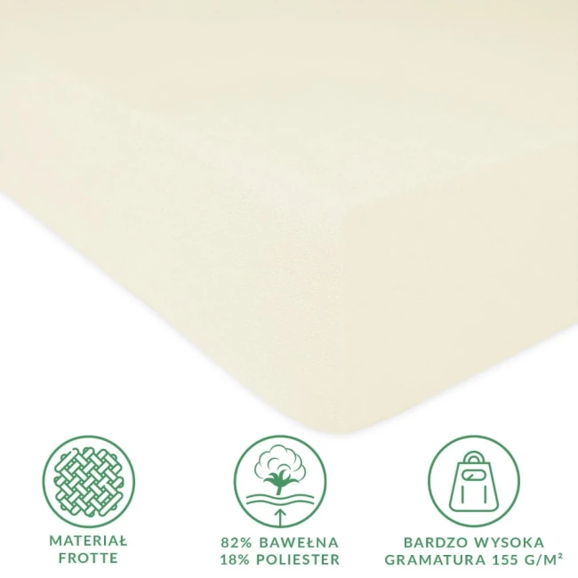 Prześcieradło frotte z gumką 160x200 w kolorze ecru, z widoczną gładką fakturą, leżące na białym tle. Z boku widać gumkę, zapewniającą stabilne dopasowanie do materaca. Materiał składa się w 82% z bawełny i 18% z poliestru, o gramaturze 155 g/m².