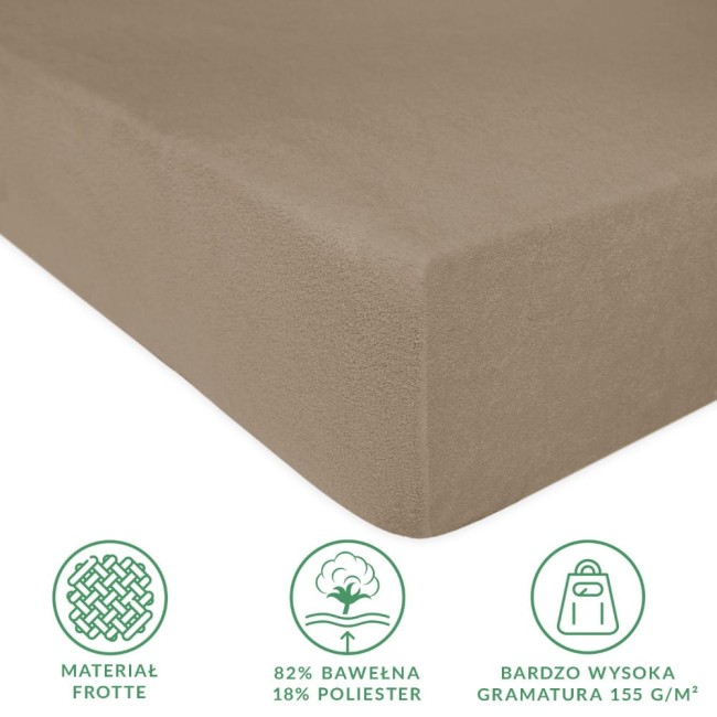 Prześcieradło frotte z gumką 160x200 w kolorze kakao, leżące na płaskiej powierzchni. Widoczna faktura materiału oraz gumka wykończeniowa. Oznaczenia informujące o składzie: 82% bawełna, 18% poliester. Bez dodatkowych dekoracji.