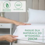 Prześcieradło frotte z gumką w kolorze kakao, idealne do materaca 160x200 cm, leżące na łóżku. Zbliżenie pokazuje elastyczną gumkę dopasowującą się, z widocznymi informacjami o wysokości materaca do 20 cm. Tło neutralne, w jasnych odcieniach.