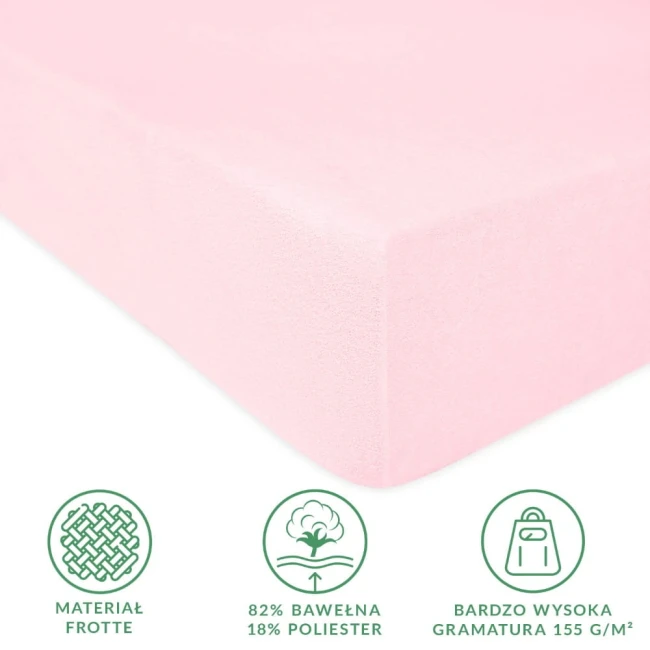 Prześcieradło frotte z gumką w kolorze róż kwarcowy, w rozmiarze 160x200 cm, leżące na płaskiej powierzchni. Widoczna tekstura materiału oraz informacje o składzie: 82% bawełna i 18% poliester. Biała etykieta z ikonami na dole zdjęcia.