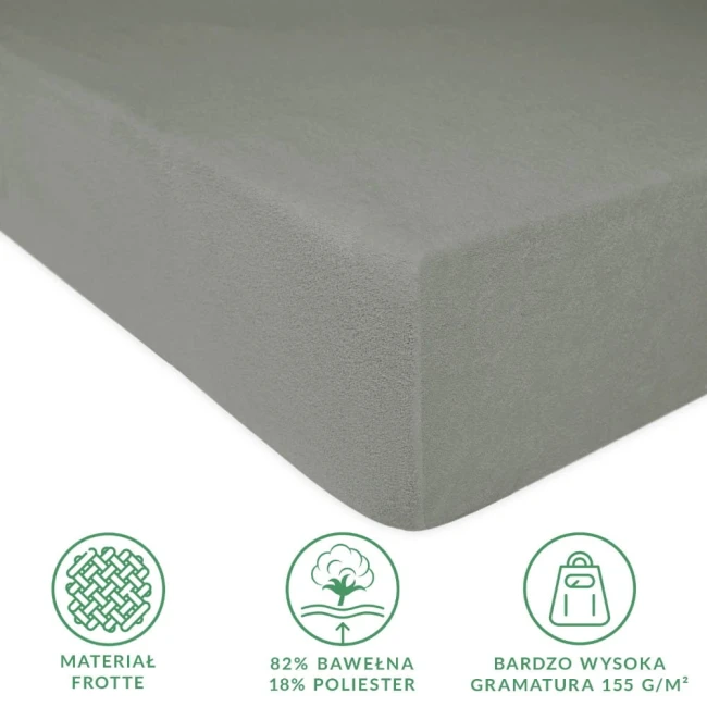 Prześcieradło frotte z gumką w kolorze szarym, rozmiar 160x200 cm, leżące poziomo. Zbliżenie na fakturę materiału, z nagruntowaniem widocznym w postaci delikatnych włókien. Na obrazie symbole przedstawiające skład materiału oraz wzór tkaniny.