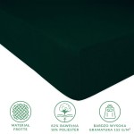 Prześcieradło frotte z gumką 160x200 w kolorze zieleni butelkowej, rozłożone na płaskiej powierzchni. Materiał miękki, o teksturze delikatnej dzianiny, widoczne skrawki oraz gumka do mocowania. Wyraźne informacje o składzie i gramaturze.