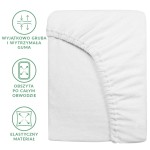 Prześcieradło frotte z gumką 180x200 w kolorze białym, rozłożone, z wyraźnie widoczną elastyczną guma obramowującą. Materiał matowy, z miękką, teksturową powierzchnią.