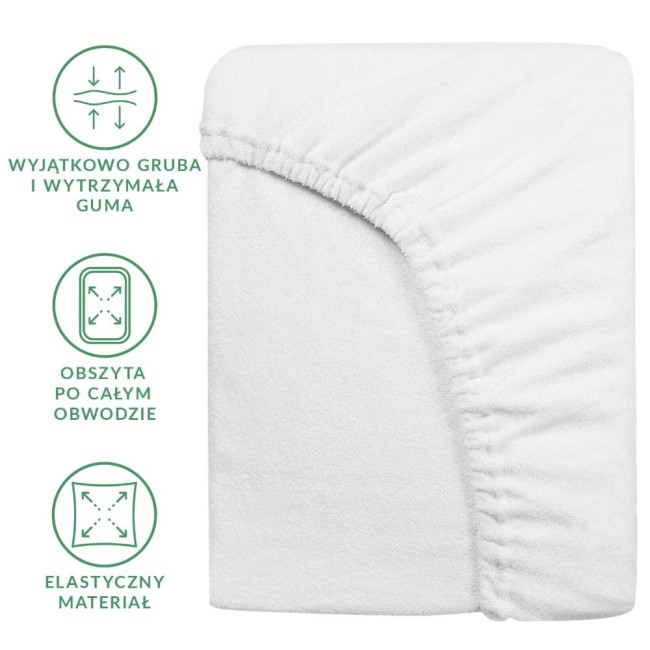Prześcieradło frotte z gumką 180x200 w kolorze białym, rozłożone, z wyraźnie widoczną elastyczną guma obramowującą. Materiał matowy, z miękką, teksturową powierzchnią.