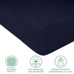 Ciemnogranatowe prześcieradło frotte z gumką o wymiarach 180x200 cm, leżące na płaskiej powierzchni. Materiał to 82% bawełny i 18% poliestru, charakteryzujące się wysoką gramaturą 155 g/m². Widoczne piktogramy informujące o składzie materiału.