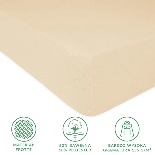 Prześcieradło frotte z gumką w kolorze jasnego beżu o wymiarach 180x200 cm. Widok z góry, materiał jest gładki, bez wzorów. Wyraźne informacje o składzie: 82% bawełny i 18% poliestru oraz gramaturze 155 g/m², umieszczone obok produktu.