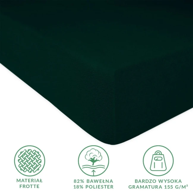 Prześcieradło frotte z gumką w kolorze zieleni butelkowej, o wymiarach 180x200 cm. Wykonane z 82% bawełny i 18% poliestru, z wysoką gramaturą 155 g/m². Widoczne boki i gładka tekstura materiału.