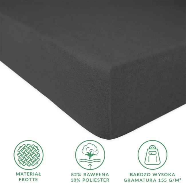 Prześcieradło frotte z gumką w kolorze antracytowym, o wymiarach 200x220 cm. Widoczna struktura materiału oraz gumka dopasowująca. Produkt leży na białym tle, prezentując kwadratowy kształt i teksturę. Informacje o składzie materiału i gramaturze.