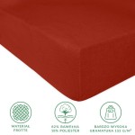 Prześcieradło frotte z gumką w kolorze bordo o wymiarach 200x220 cm, prezentowane w perspektywie z boku, na gładkim tle. Materiał teksturowany, wykonane z 82% bawełny i 18% poliestru. Widoczne logo i informacje o gramaturze.