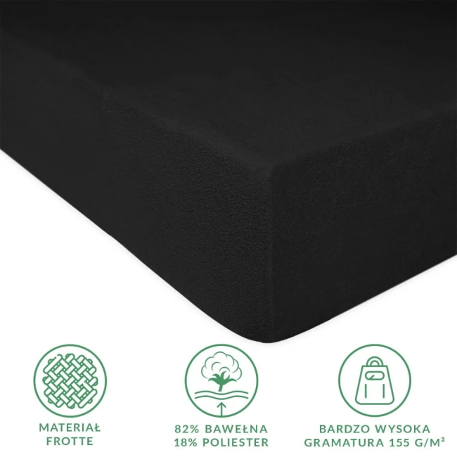 Prześcieradło frotte z gumką w kolorze czarnym, o wymiarach 200x220 cm. Wykonane z materiału frotte, 82% bawełna i 18% poliester. Wysoka gramatura 155 g/m², idealne do komfortowego użytkowania.