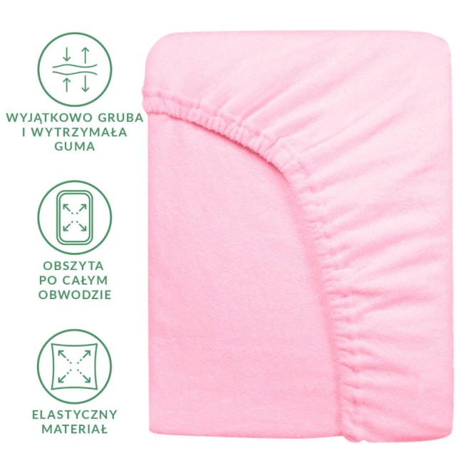 Prześcieradło frotte z gumką o wymiarach 200x220 cm w kolorze jasnym różowym, z widoczną elastyczną gumą obwodową. Produkt leży na białym tle, ukazując jego gładką fakturę i starannie wykończone brzegi.